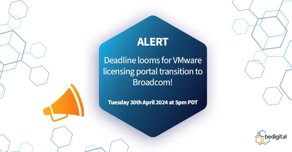 Graphic referencing 'VMware licensing portal transition to Broadcom'