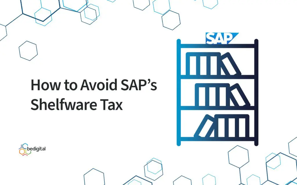 Graphic showing blog title about SAP shelfware tax with a shelf icon and SAP logo